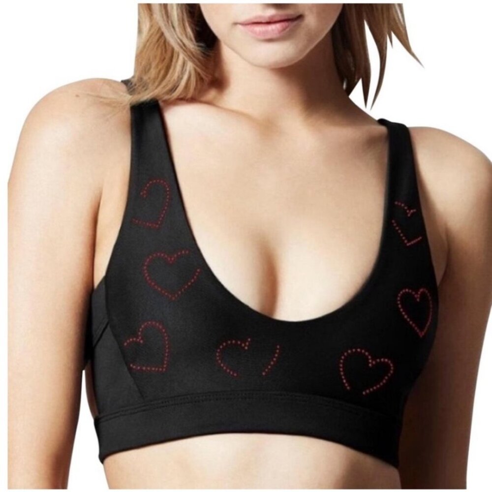 Strappy Black Sports Bra with Red Hearts by Beach Riot (~XS)